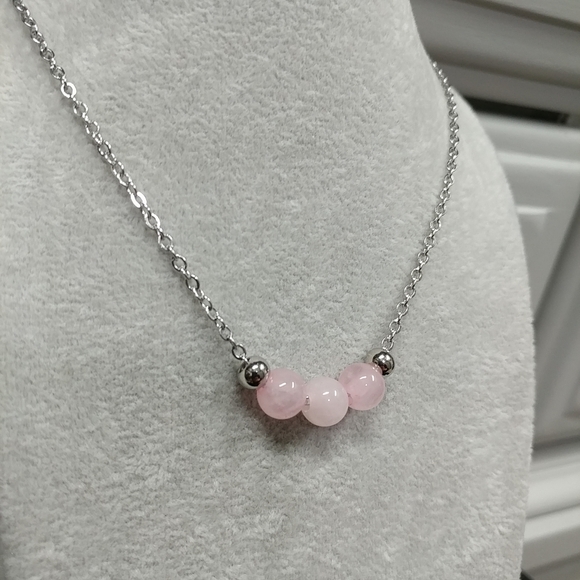 Rose Quartz Three Bead Necklace Natural Gemstone Crystal Stainless-Steel Chain - Picture 5 of 11